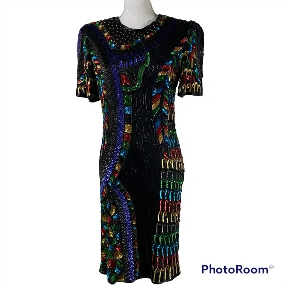 Rambob Fashion | Dresses | Vtg Rambob Fashion Black 0 Silk Holiday Dress  Colorful Beads Sequins Women M | Poshmark